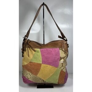 Fossil Patchwork Leather Shoulder Bag Boho Satchel Quilted Hippie